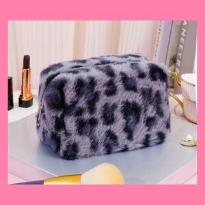 Demure Gray Leopard Print Plush Cosmetic Makeup Bag